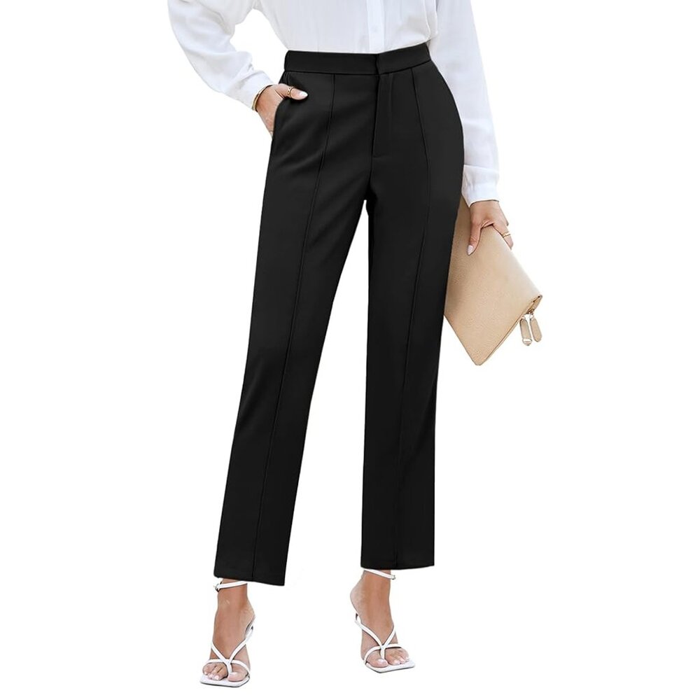 Women's High Waisted Work Dress Pants, Straight Leg Trousers, Black, XXL